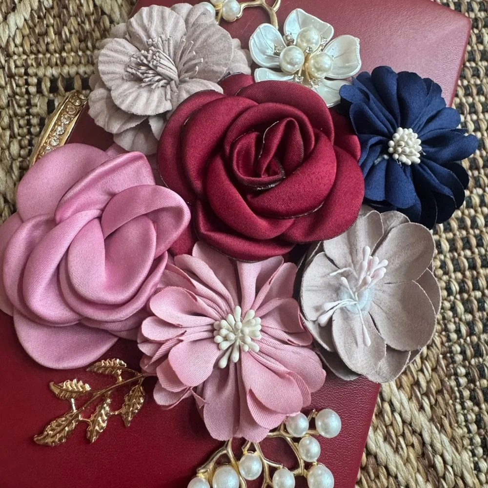 Floral & Pearl Red Evening Clutch Rhinestone Closure